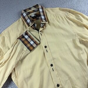 Dolce Guava Milano Shirt Mens Medium Cream Yellow Plaid Flip Cuff Button Up